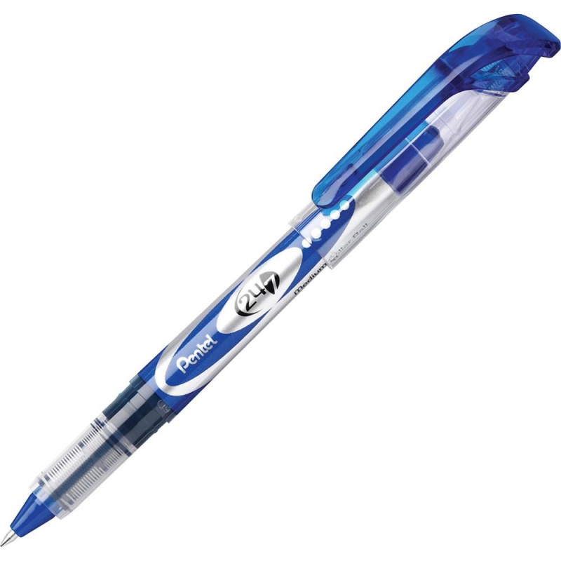 Pentel 24/7 Rollerball Pens - Medium Pen Point - 0.7 Mm Pen Point Size - Blue Water Based Ink - Blue Barrel - Metal Tip - 1 Dozen