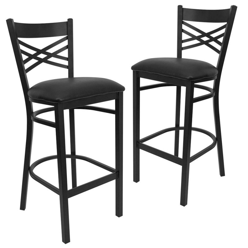 2 Pk. Black X-Back Metal Restaurant Barstool - Black Vinyl Seat