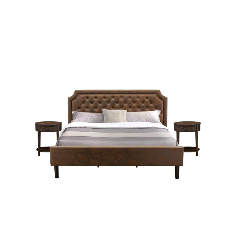Gb25k-2Hi07 3-Piece Bedroom Set With King Bed And 2 Distressed Jacobean Small End Tables - Dark Brown Faux Leather And Black Legs