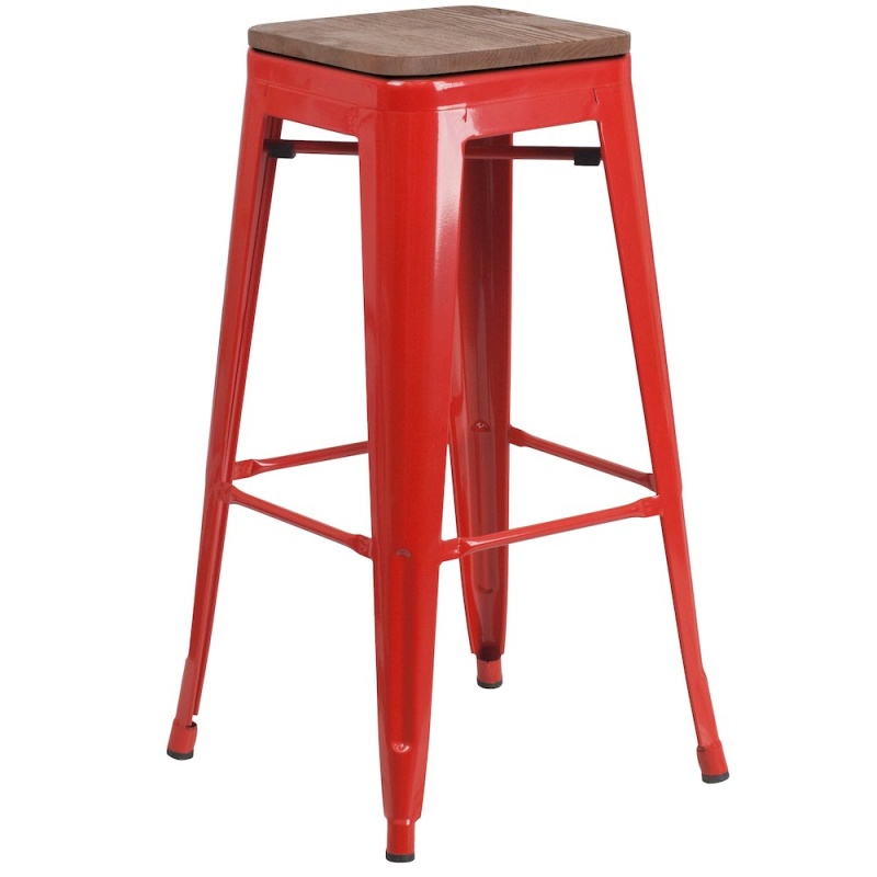 30" High Backless Red Metal Barstool With Square Wood Seat