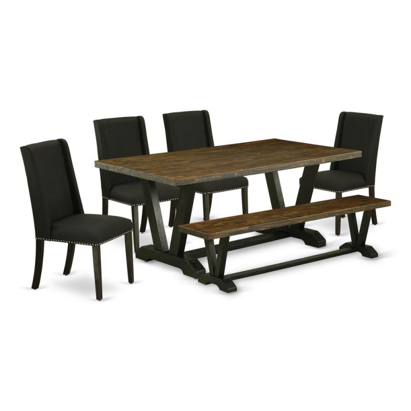 East West Furniture 6-Pc Dining Room Table Set-Black Linen Fabric Seat And High Stylish Chair Back Parson Chairs, A Rectangular Bench And Rectangular Top Kitchen Table With Wooden Legs - Distressed Ja