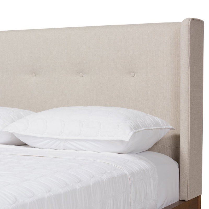Brooklyn Mid-Century Modern Walnut Wood Beige Fabric Queen Size Platform Bed