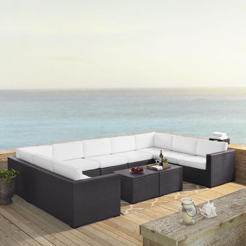 Biscayne 7Pc Outdoor Wicker Sectional Set White/Brown - 4 Loveseats, Armless Chair, 2 Coffee Tables