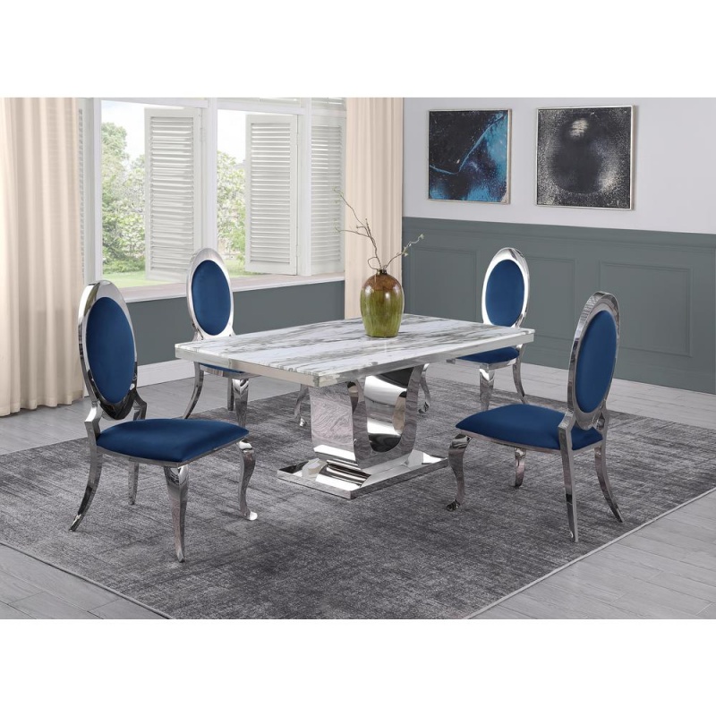 White Marble 5Pc Set Stainless Steel Chairs In Navy Blue Velvet