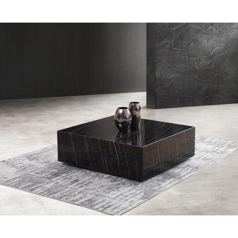 Cube Square Black High Gloss Marble Coffee Table, With Casters