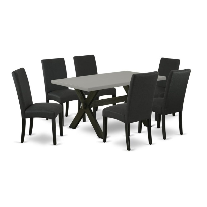 East West Furniture 7-Piece Modern Dining Set- 6 Upholstered Dining Chairs With Black Linen Fabric Seat And Stylish Chair Back - Rectangular Table Top & Wooden Cross Legs - Cement And Black Finish