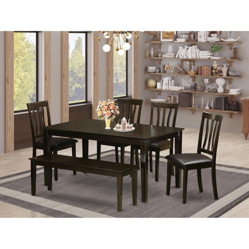 6 Pc Dining Table With Bench Set- Dining Table With4 Dining Chairs And Bench