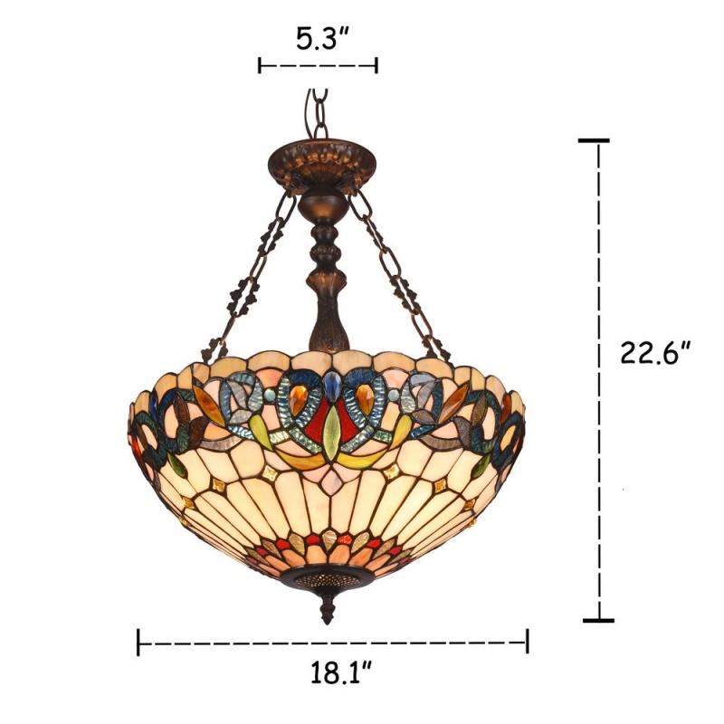 Serenity Tiffany-Style 3 Light Victorian Inverted Ceiling Pendant, 18" Shade