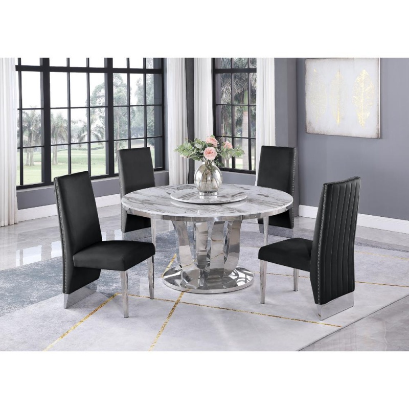 White Marble Lazy-Susan Dining Set Pleated Chairs In Black Velvet