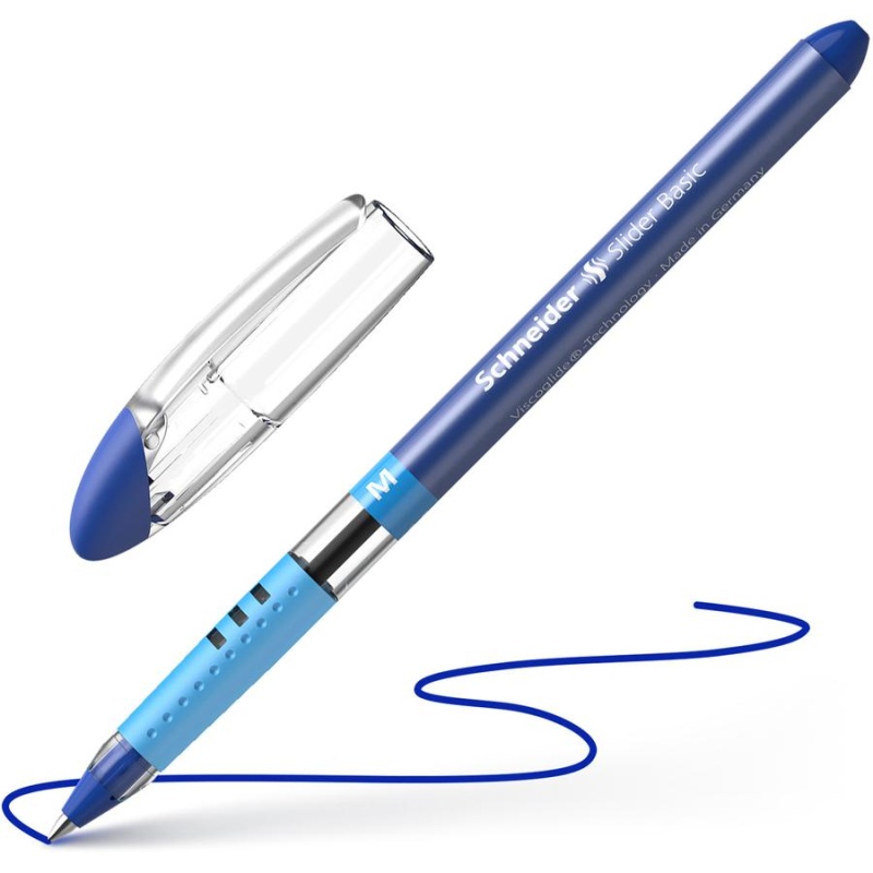 Schneider Slider Basic Medium Ballpoint Pen - Medium Pen Point - 1 Mm Pen Point Size - Blue - Transparent Rubberized, Blue Barrel - Stainless Steel Tip - 10 / Pack