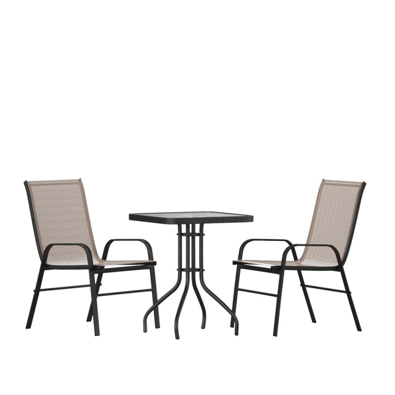 3 Piece Set - 23.5" Tempered Glass Patio Table, 2 Brown Stack Chairs