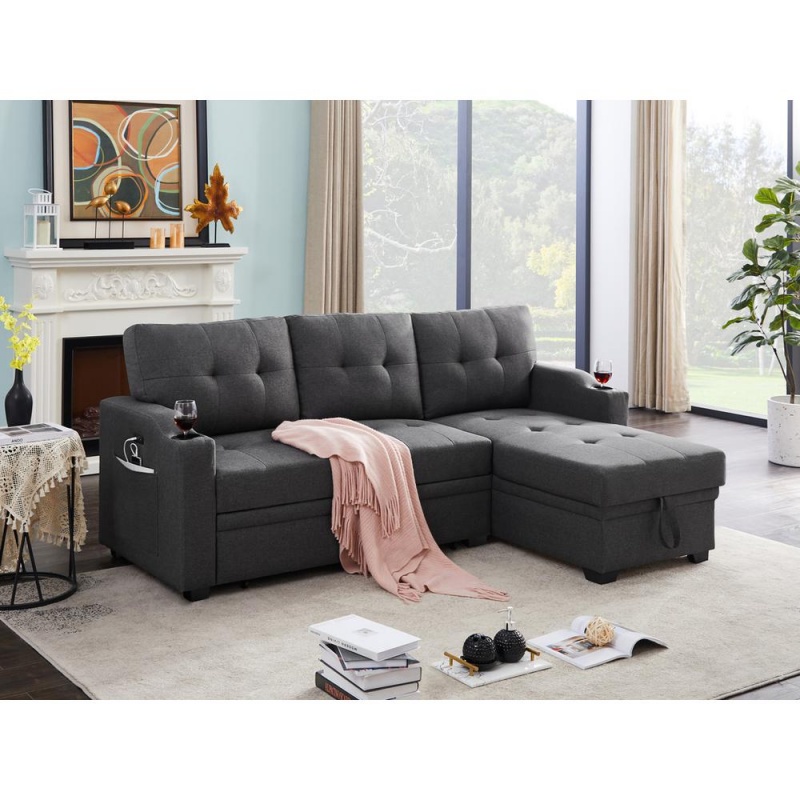 Mabel Dark Gray Linen Fabric Sleeper Sectional With Cupholder, Usb Charging Port And Pocket