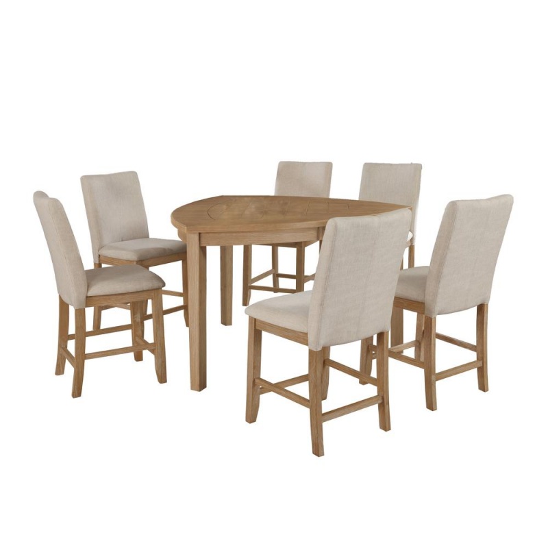 7Pc Counter Height Dining Set In Rustic Wood Finish, Petal-Shaped Table & Chairs In Beige