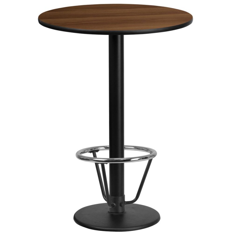 24'' Round Walnut Table Top With 18'' Round Bar Height Table Base And Foot Ring
