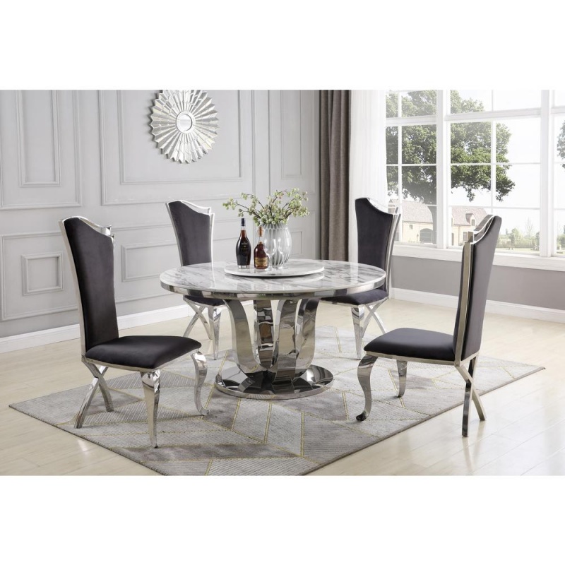 White Lazy-Susan Dining Set, Round Marble Table With Dark Grey Velvet Chairs