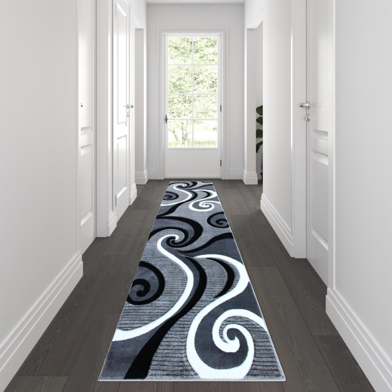 Athos Collection 3' X 10' Gray Abstract Area Rug - Olefin Rug With Jute Backing - Hallway, Entryway, Or Bedroom