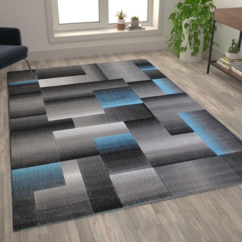 Elio Collection 6' X 9' Blue Color Blocked Area Rug - Olefin Rug With Jute Backing - Entryway, Living Room, Or Bedroom