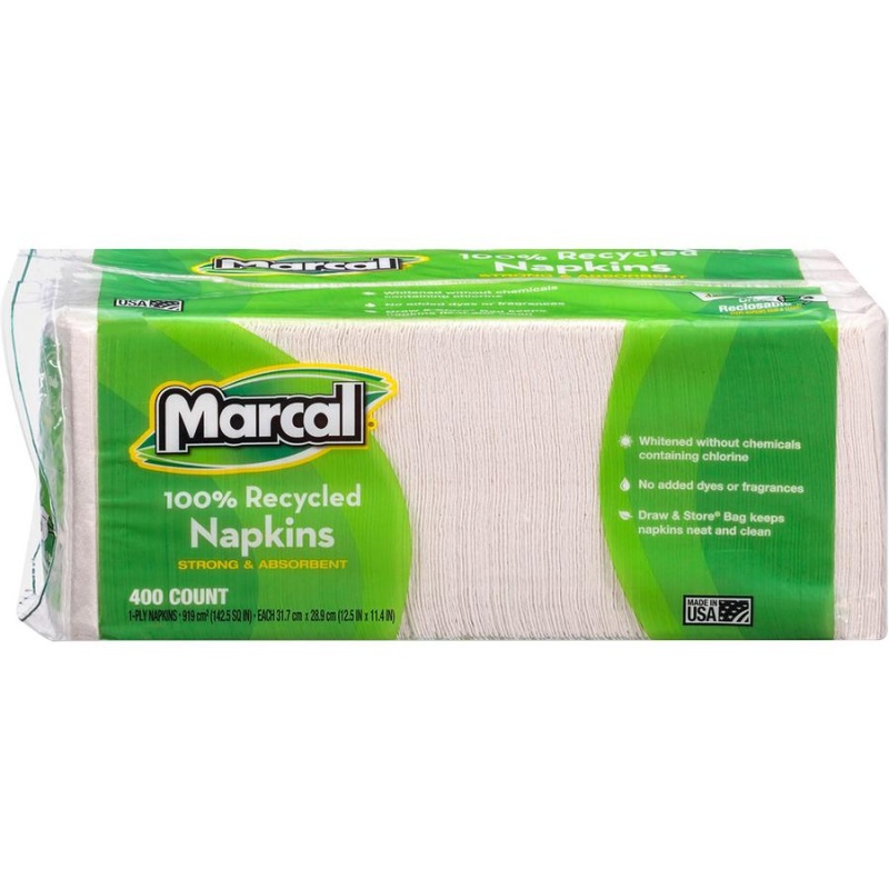 Marcal 100% Recycled Luncheon Napkins - 1 Ply - 12.50" X 11.40" - White - Paper - Hypoallergenic, Dye-Free, Fragrance-Free, Strong, Absorbent - For Food Service, Office Building, Lunch - 400 Per Pack