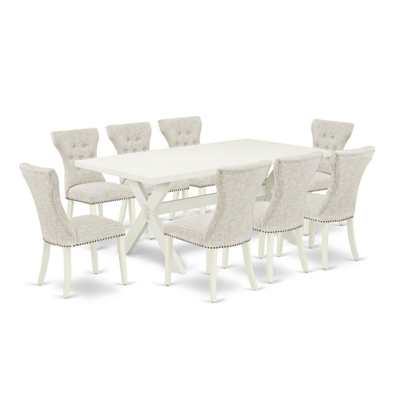 East West Furniture 9-Pc Dining Room Set- 8 Parson Dining Room Chairs With Doeskin Linen Fabric Seat And Button Tufted Chair Back - Rectangular Table Top & Wooden Cross Legs - Linen White And Linen Wh