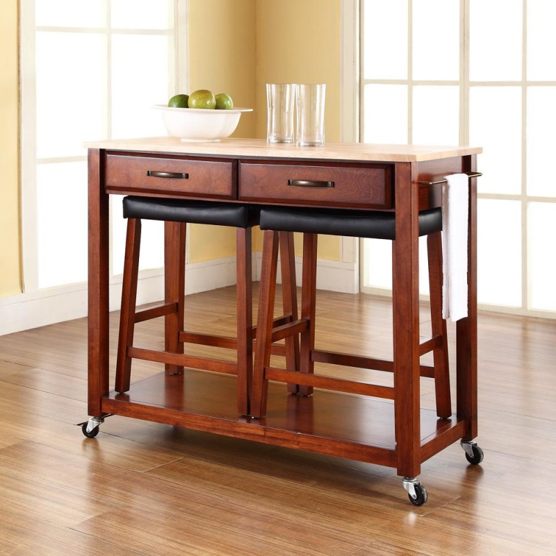 Wood Top Kitchen Prep Cart W/Uph Saddle Stools Cherry/Natural - Kitchen Island & 2 Counter Stools