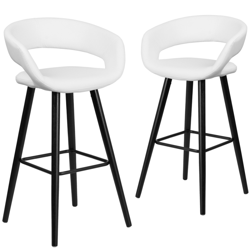 2 Pk. Brynn Series 29'' High Contemporary White Vinyl Barstool With Cappuccino Wood Frame