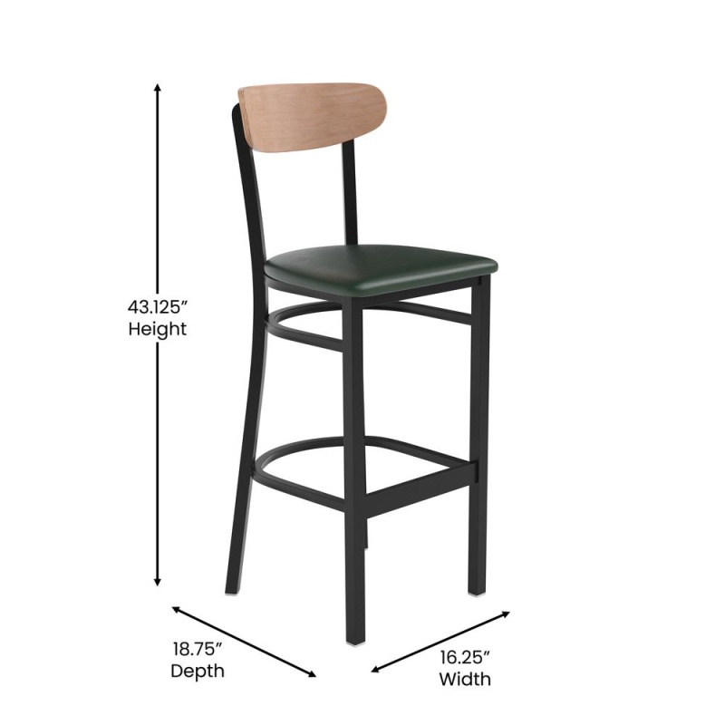 Wright Commercial Barstool With 500 Lb. Capacity Black Steel Frame, Natural Birch Finish Wooden Boomerang Back, And Green Vinyl Seat