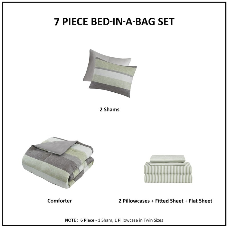 Jaxon Stripe Comforter Set With Bed Sheets, Green/Grey Color