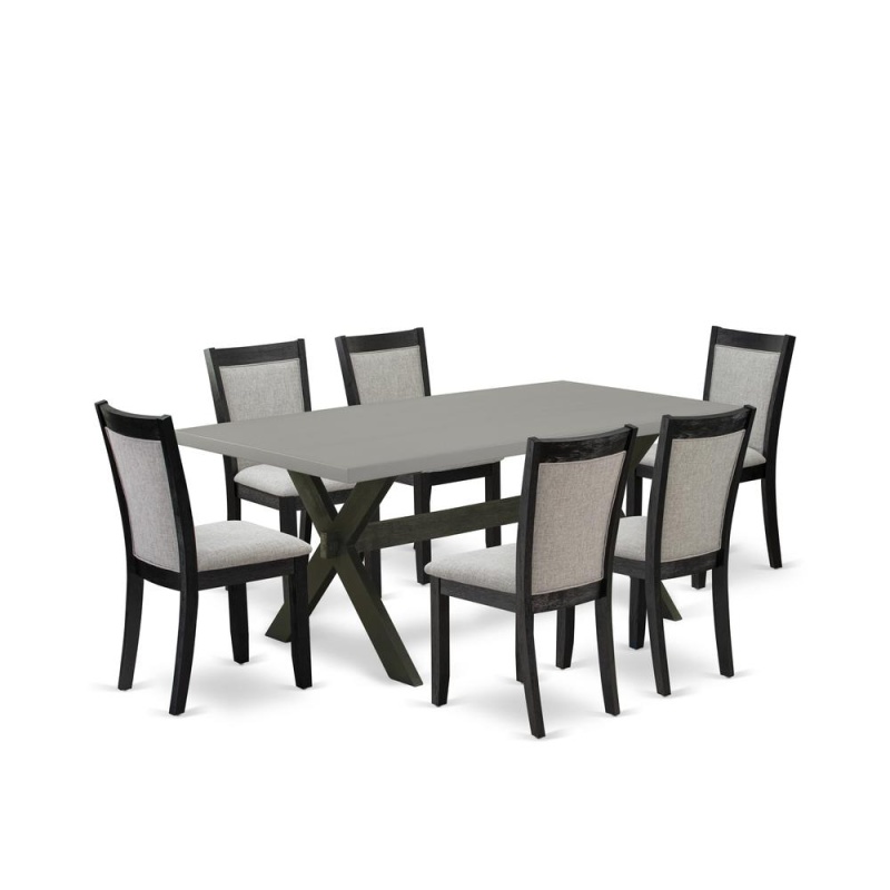 East West Furniture 7 Piece Mid Century Modern Dining Set - Cement Top Wooden Dining Table With Trestle Base And 6 Shitake Linen Fabric Dining Room Chairs - Wire Brushed Black Finish