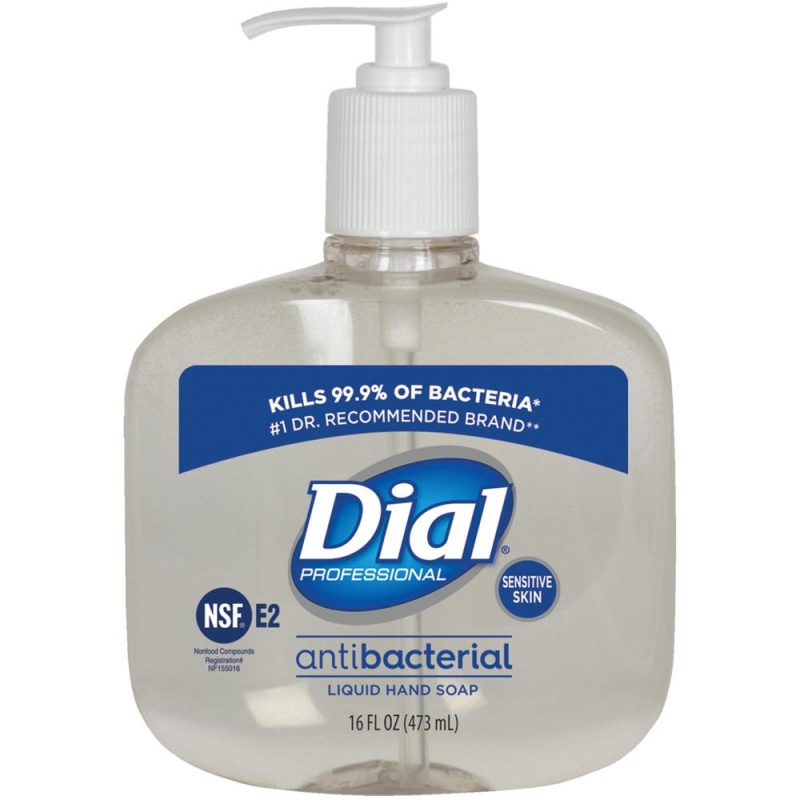 Dial Sensitive Skin Antibacterial Liquid Hand Soap - 16 Fl Oz (473.2 Ml) - Pump Bottle Dispenser - Kill Germs - Skin, Hand - Antibacterial - Clear - 12 / Carton