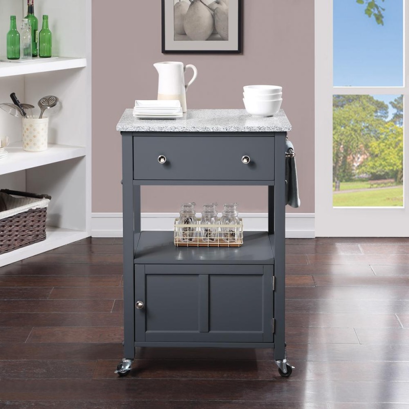 Os Home And Office Furniture Fairfax Model Gray Kitchen Cart With Doors, Towel Rack, And Drawer
