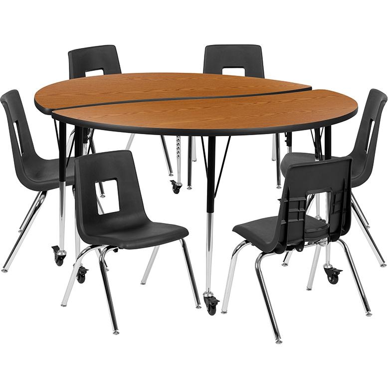 Mobile 60" Circle Wave Collaborative Laminate Activity Table Set With 16" Student Stack Chairs, Oak/Black
