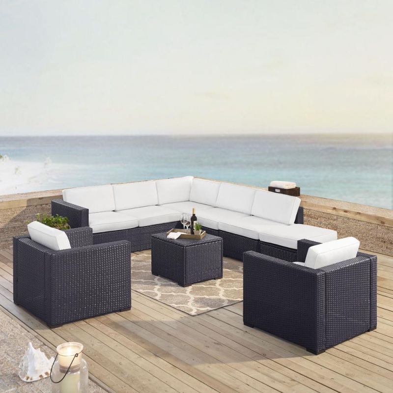 Biscayne 7Pc Outdoor Wicker Sectional Set White/Brown - 2 Loveseats, 2 Arm Chairs, Armless Chair, Coffee Table, Ottoman