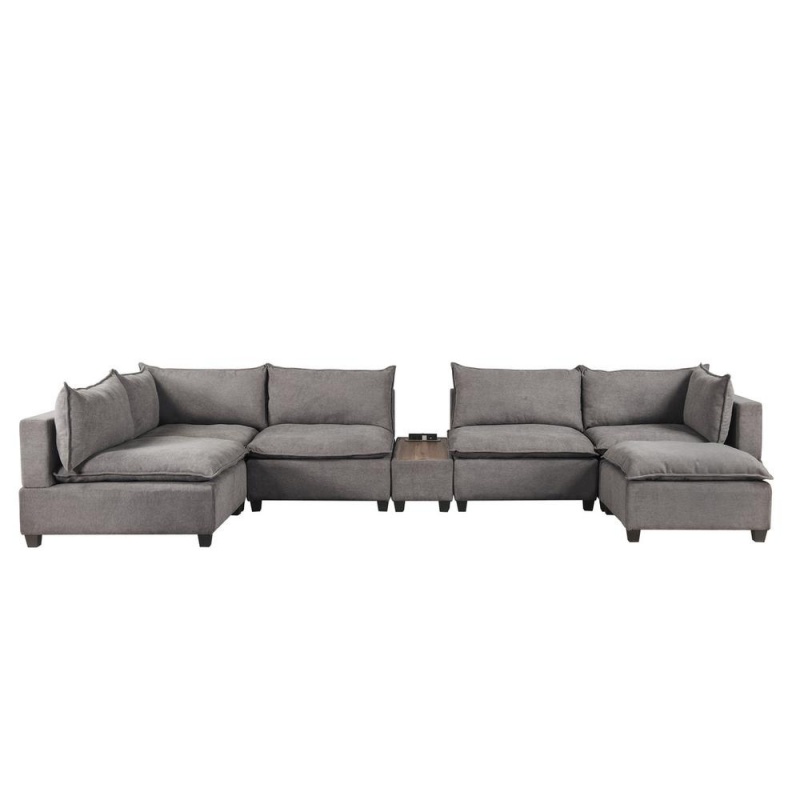 Madison Light Gray Fabric 7-Piece Modular Sectional Sofa Chaise With Usb Storage Console Table