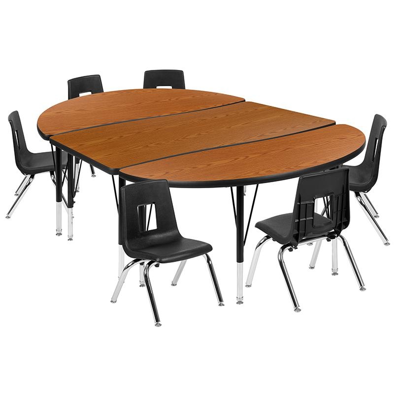 76" Oval Wave Collaborative Laminate Activity Table Set With 14" Student Stack Chairs, Oak/Black