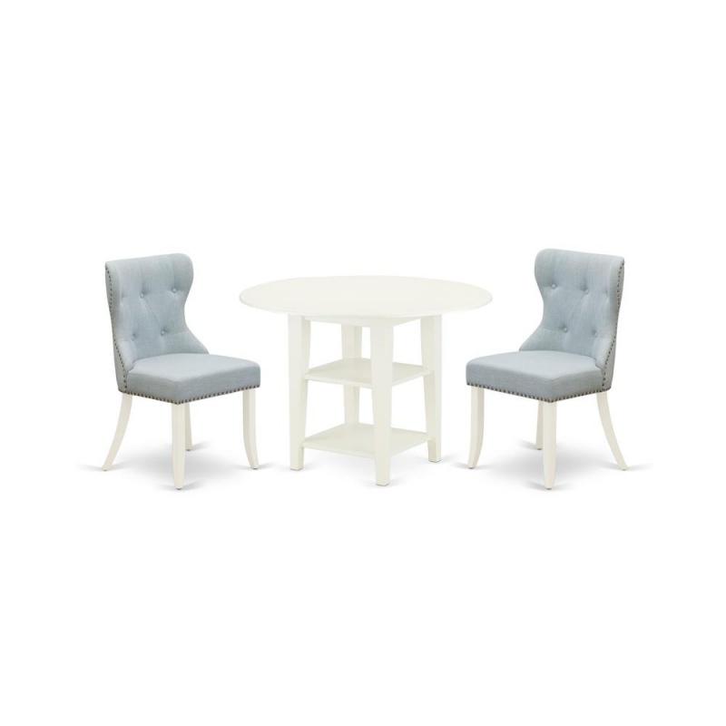 East-West Furniture Susi3-Lwh-15 - A Dining Room Table Set Of 2 Excellent Dining Chairs With Linen Fabric Baby Blue Color And A Lovely Dining Table With Linen White Color