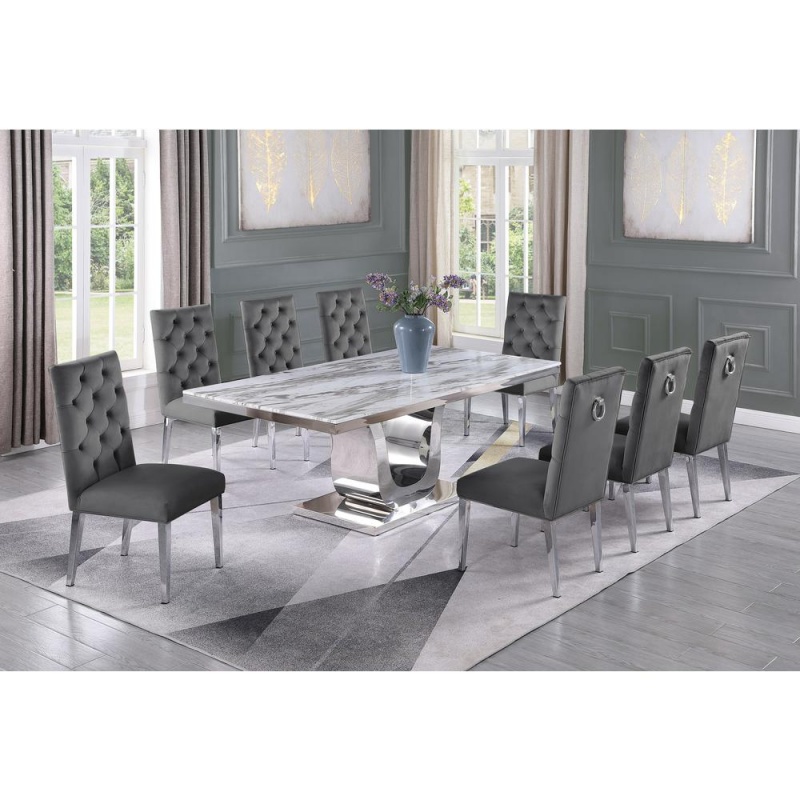 White Marble 9Pc Set Tufted Ring Chairs In Dark Grey Velvet