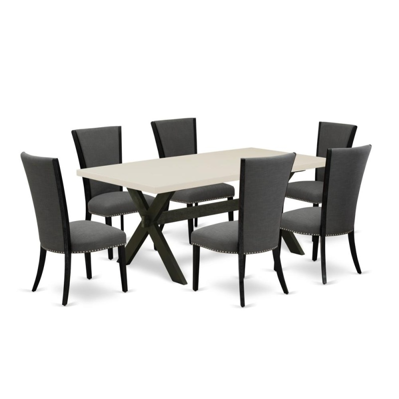 East West Furniture 7-Piece Dining Set with Linen White Table and 6 Dark Gotham Grey Chairs
