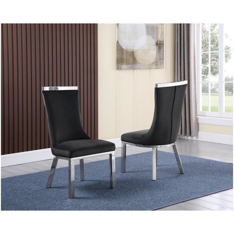Upholstered Dining Chiars Set Of 2 In Black Velvet Fabric With Stainless Steel Base