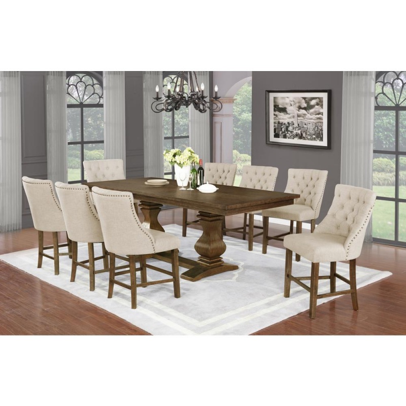 9Pc Counter Height Dining Set, Dining Chairs In Beige, Table W/ 18" Center Leaf In Walnut Finish