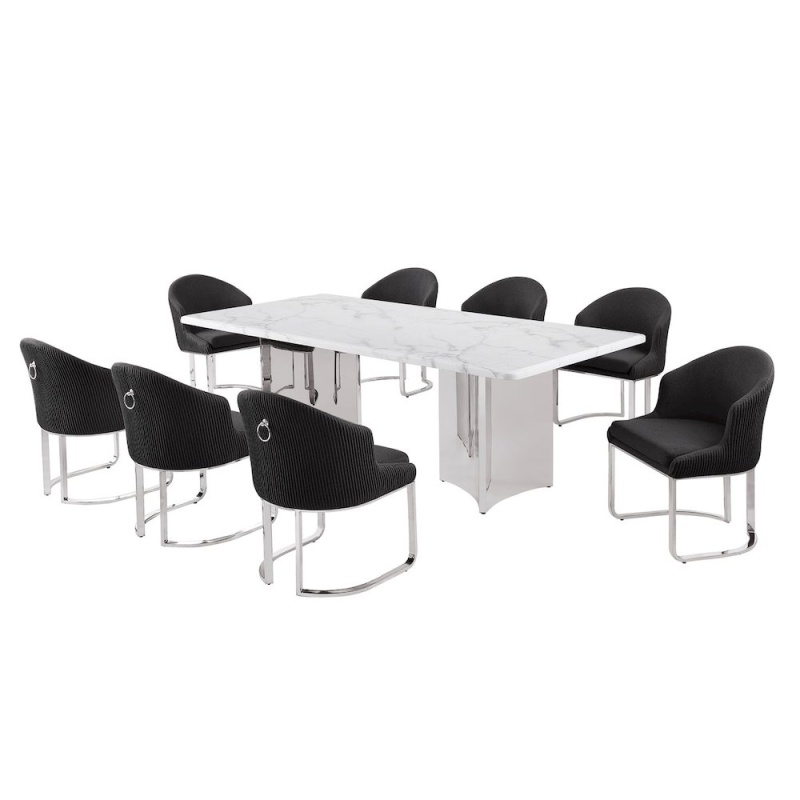 9Pc Rectangular Dining Table Set With White Marble Top And Black Chairs
