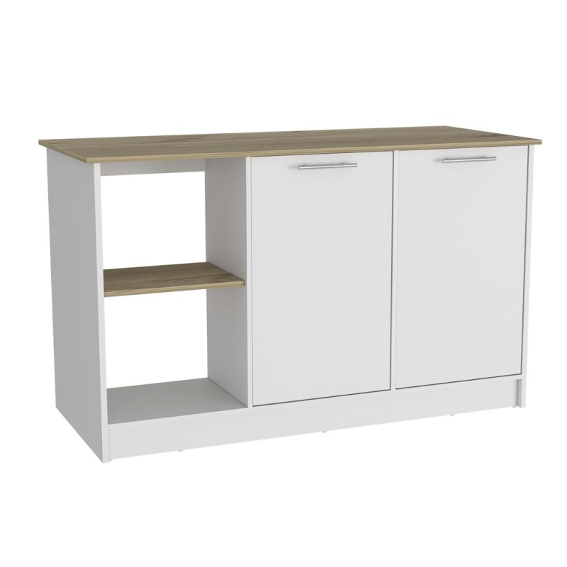 Depot E-Shop Coral Kitchen Island, Two Cabinets, Countertop, Four Open Shelves-Light Oak/White, For Bathroom