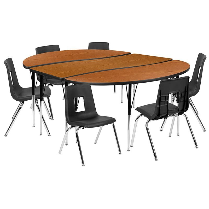 86" Oval Wave Activity Table Set With 16" Student Stack Chairs, Oak/Black