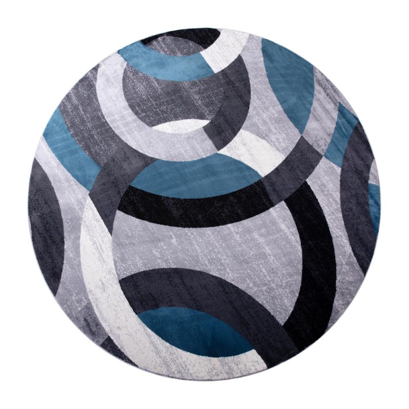 Harken Collection Geometric 8' X 8' Blue And Gray Round Olefin Area Rug With Jute Backing, Living Room, Bedroom