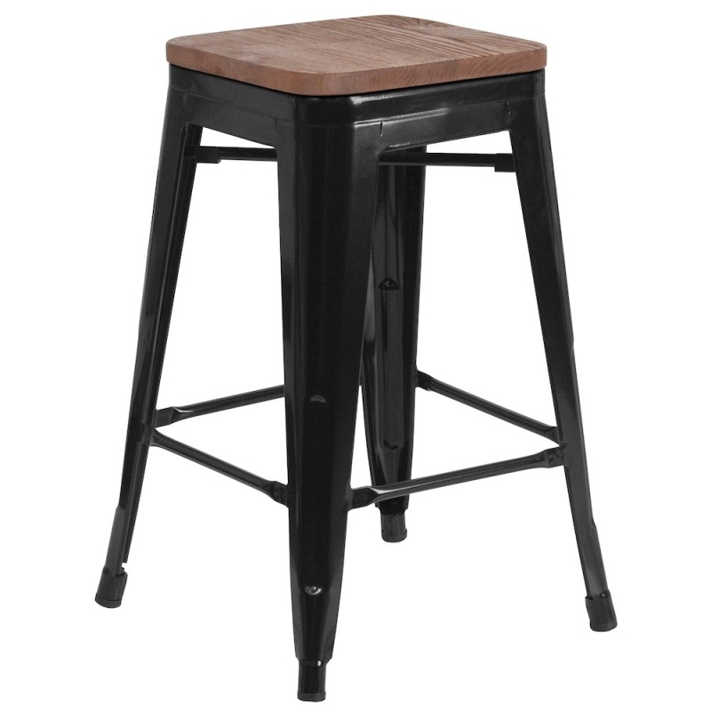 24" High Backless Black Metal Counter Height Stool With Square Wood Seat