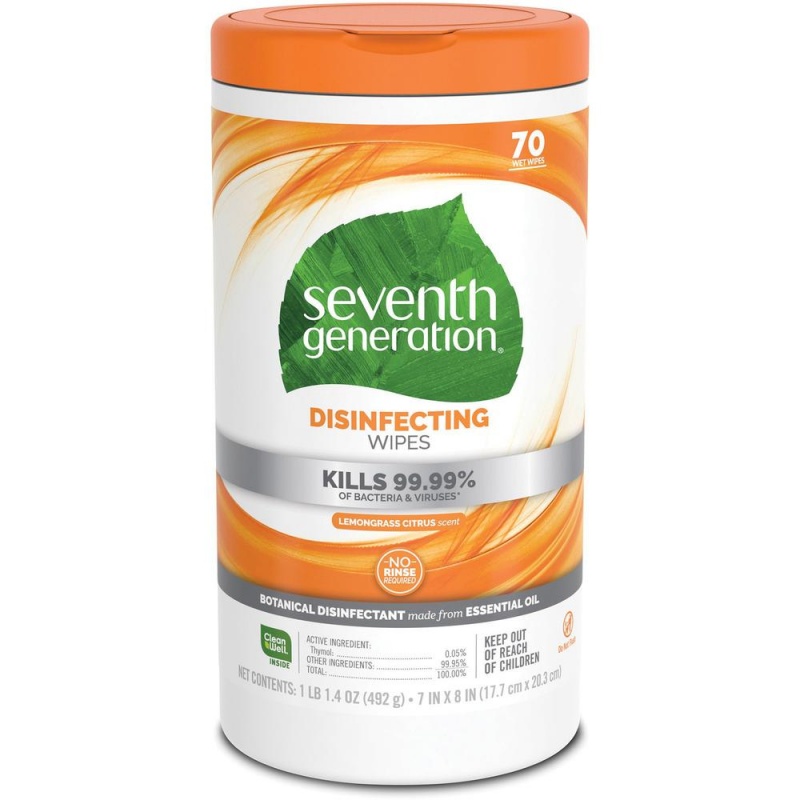 Seventh Generation Disinfecting Cleaner - Wipe - Lemongrass Citrus Scent - 7" Width X 8" Length - 70 / Canister - 6 / Carton