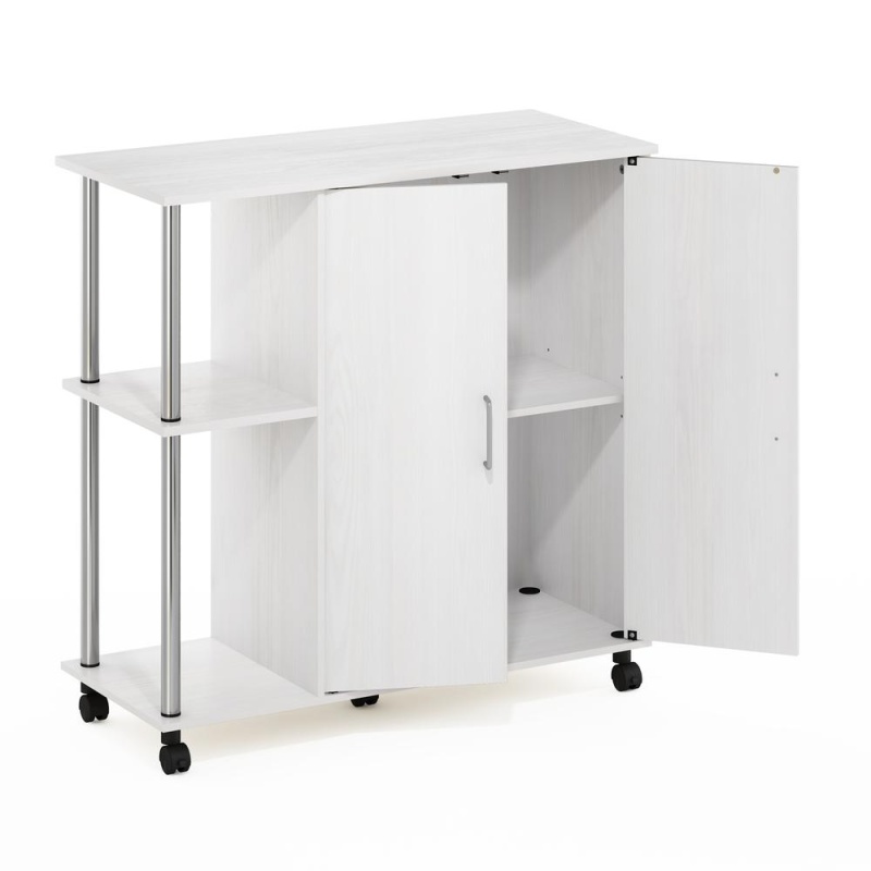 Furinno Helena 3-Tier Utility Kitchen Island And Storage Cart On Wheels With Stainless Steel Tubes, White Oak/Chrome