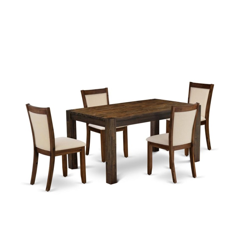 East West Furniture 5-Piece Dinner Table Set - A Mid Century Dining Table And 4 Light Beige Linen Fabric Padded Wood Dining Chairs With Stylish High Back – (Distressed Jacobean Finish)