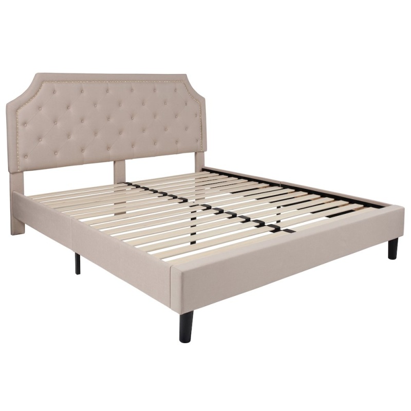 King Size Tufted Upholstered Platform Bed In Beige Fabric