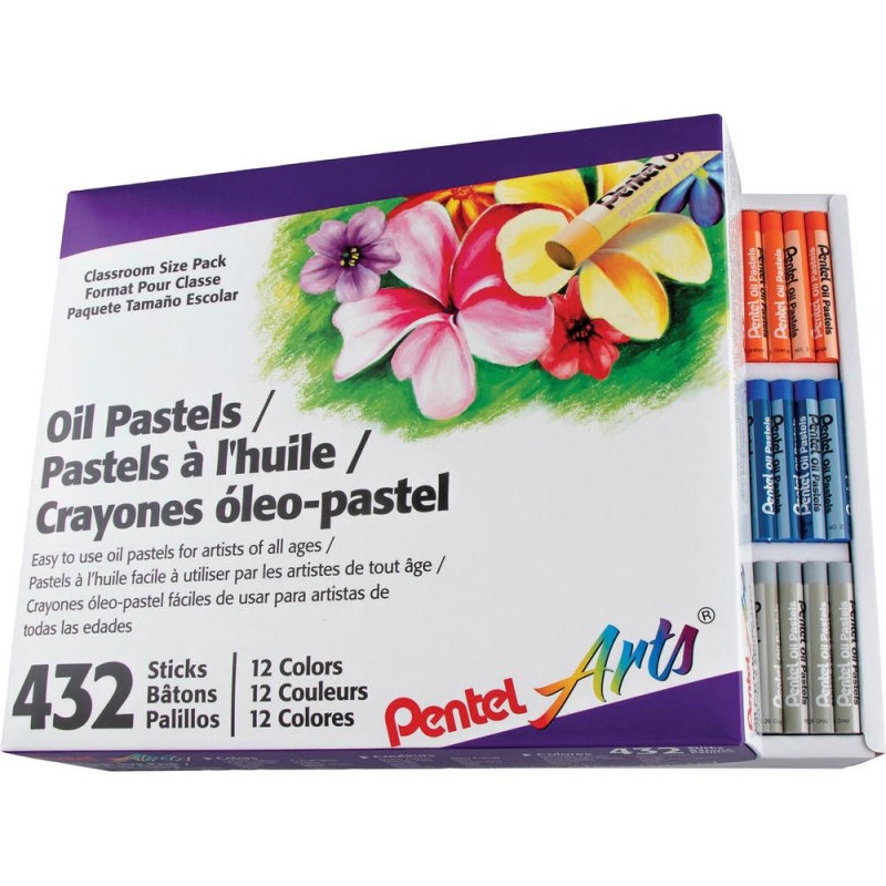 Pentel Arts Pentel Arts Oil Pastels - 2.4" Length - 0.4" Diameter - Black, Brown, Cobalt Blue, Gray, Green, Orange, White, Red, Pale Blue, Pale Orange, Lime Yellow, ... - 432 / Box