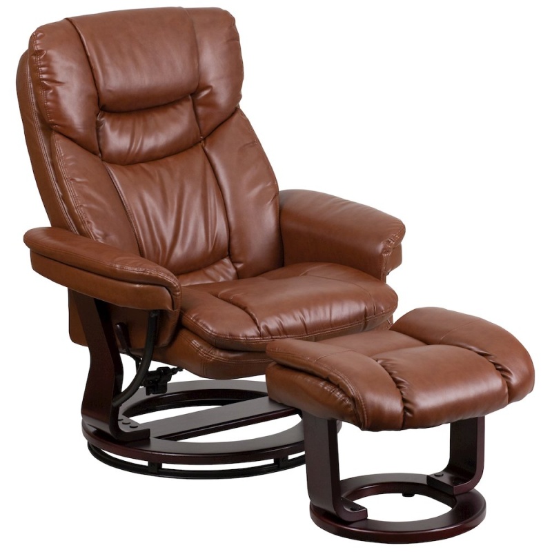 Recliner and Ottoman with Swivel Mahogany Wood Base